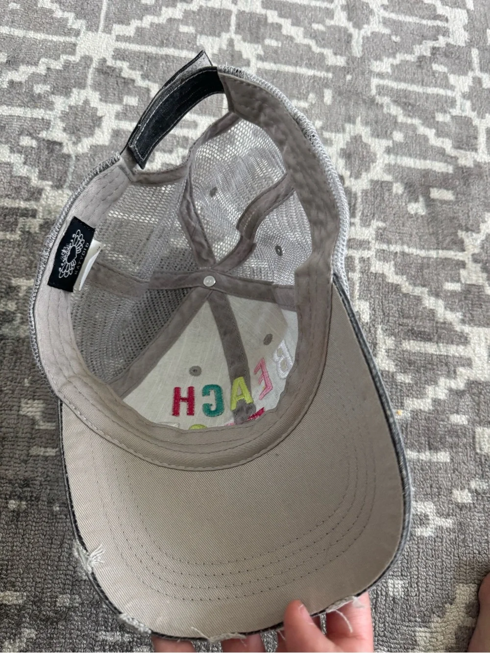 Katydid Gray Trucker Hat Distressed Multicolor Embroidered Letters BEACH PLEAS